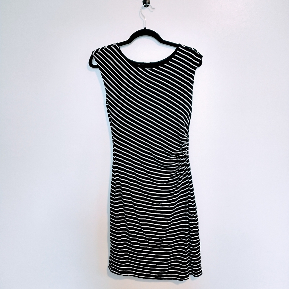 Loft black and white striped dress with rushed detail at the waist, size xs